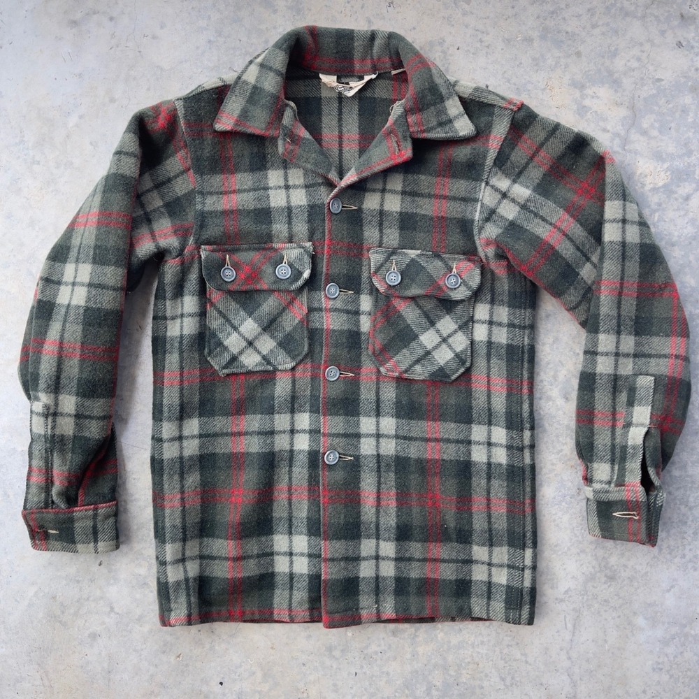 Woolrich Wool Flannel Jacket Mens 38 Green Red Plaid Vintage 1970's USA